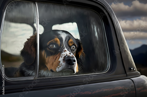 Alone Dog locked in hot car. Danger Health threat of animal, Help of pet overheating or hypothermia. Generation AI © Adin