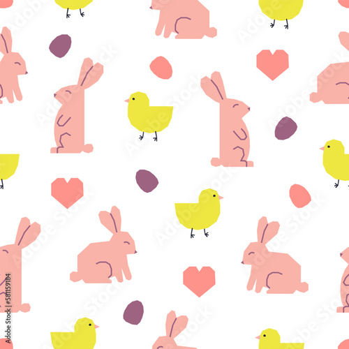 Seamless pattern with Easter rabbits, chickens, eggs and hearts. Cutout colorful elements on white background.