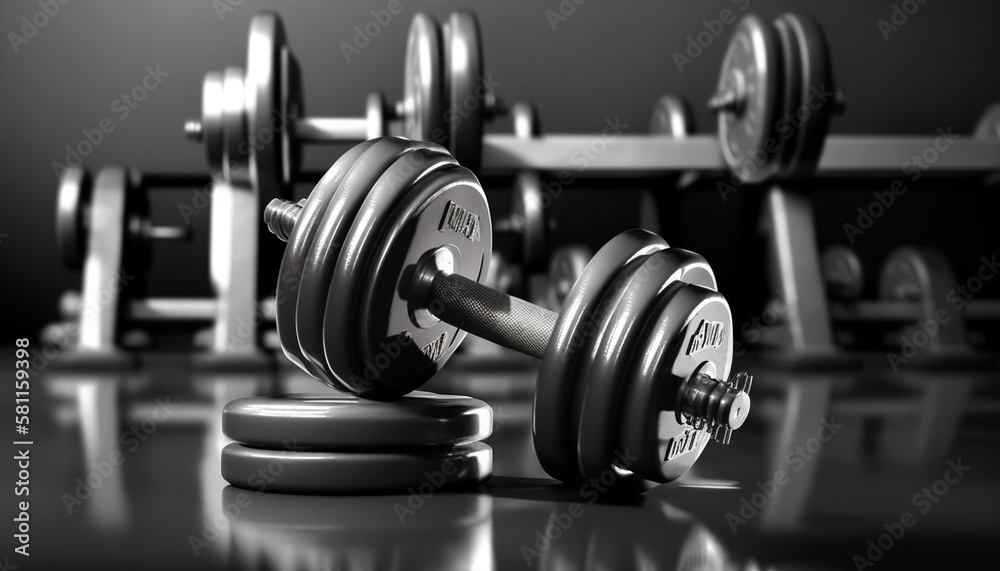 Metal dumbbells with background blurred gym interior Metal dumbbells with background blurred gym interior