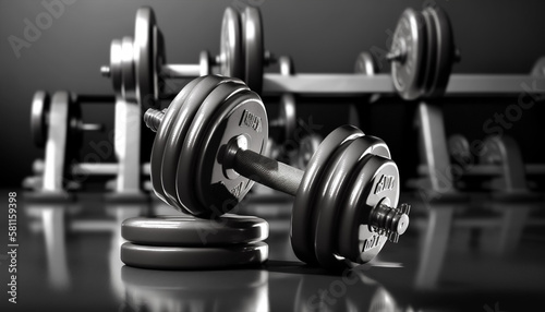 Metal dumbbells with background blurred gym interior