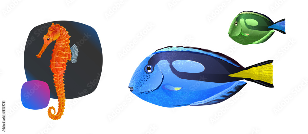 High Quality Powder Blue Surgeon Fish Cartoon Character Include Flat Design and Line Art Version