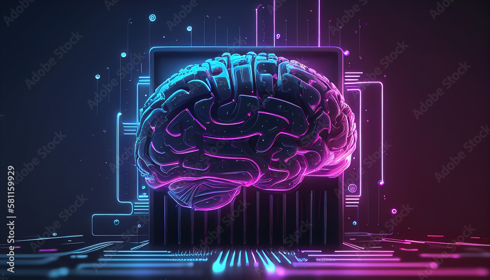 Generative AI illustration of artificial intelligence technological brain with glowing purple neon lights against dark background - obrazy, fototapety, plakaty 