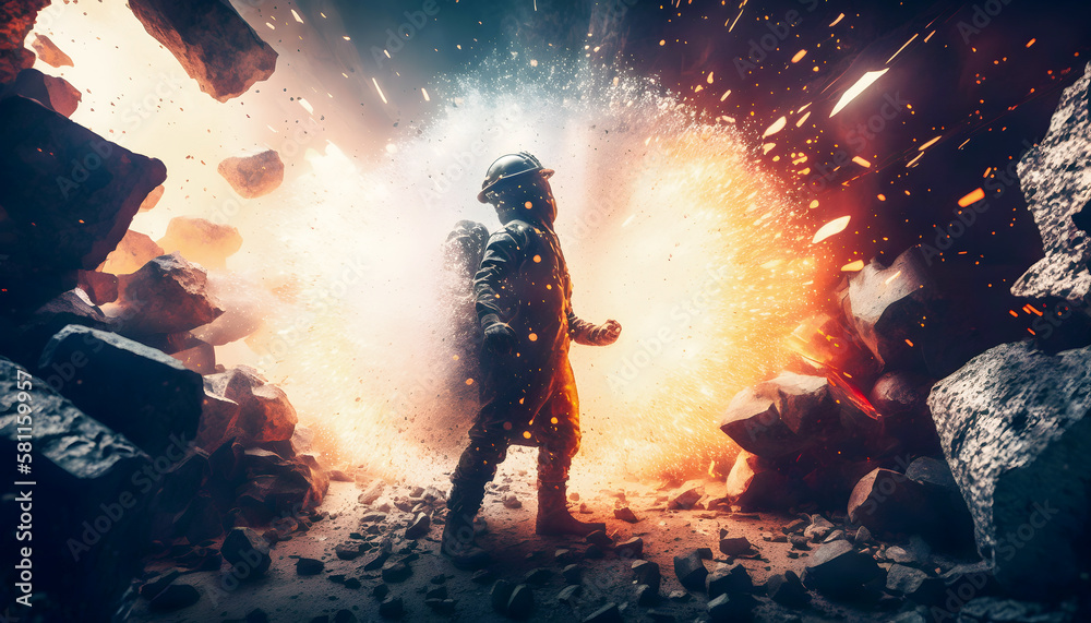 Fire in coal mine, incident underground with miner burning. Generation AI Fire in coal mine, incident underground with miner burning. Generation AI