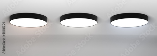 Ceiling lamps with cold, warm and white light 3d render. Realistic set black round metal luminaires. Chandeliers for home or office in modern style on grey background, interior design. 3D illustration photo