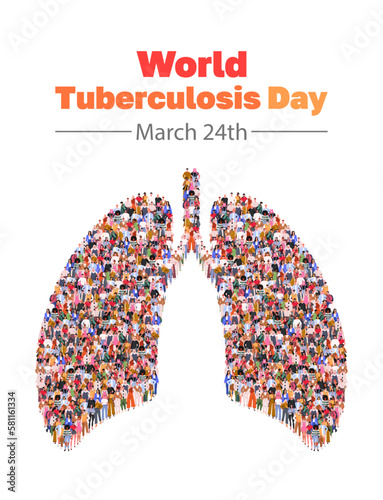 World Tuberculosis Day March 24. Large group of people in lungs form. A crowd of male and female characters. Flat vector illustration isolated on white background.