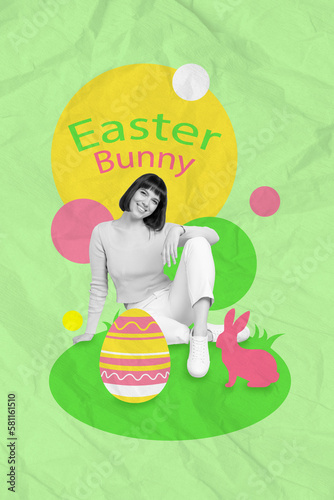 Vertical collage portrait of cheerful black white colors girl painted easter bunny big egg isolated on creative green background photo