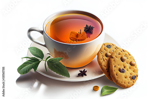A cup of herbal tea with mint leaves and cookies in minimalist elegant scene on white background. Created with Generative AI.
