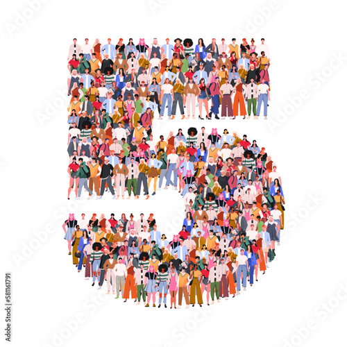 Large group of people in number 5 five form. Numbers made of people. A crowd of male and female characters. Flat vector illustration isolated on white background.