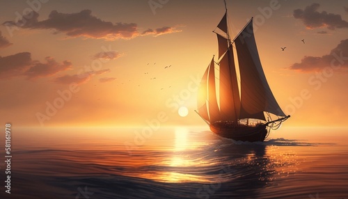 Tela Sailing to the Sunset Sailboat on Ocean Sea Generative AI