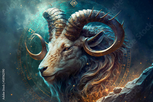 Capricorn astrological zodiac sign symbol animal, Goat. On dark space cloud nebula background