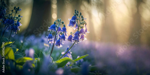 Close of bluebells flowers in the woods in spring, forest idyllic panoramic scene with bokeh background photo