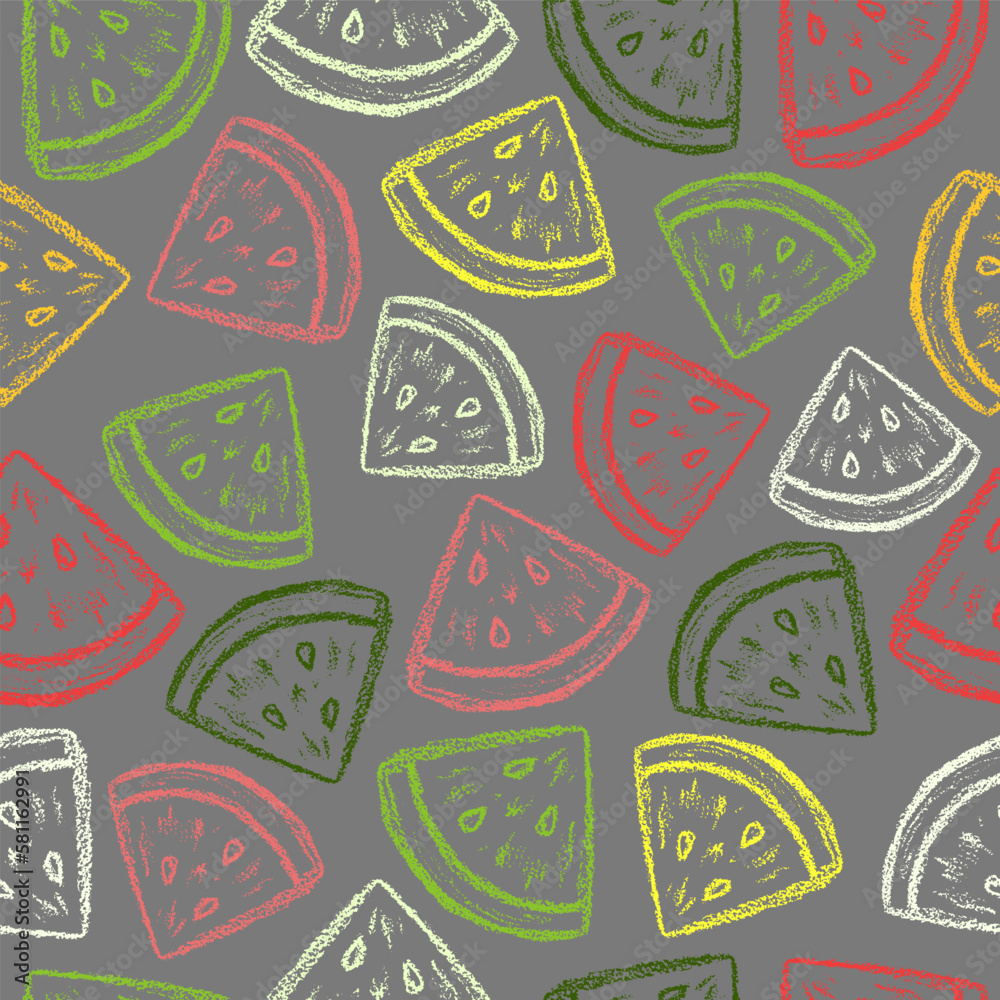 Fototapeta premium Crayon watermelon pattern. Children drawing chalk style watermelon print. Hand drawn wax crayons art on white. Color pastel crayons freehand drawn watermelon slice background. Color melon texture. 