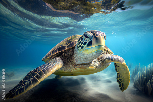 Close up portrait of a green sea turtle (Chelonia mydas) swimming underwater in a lagoon