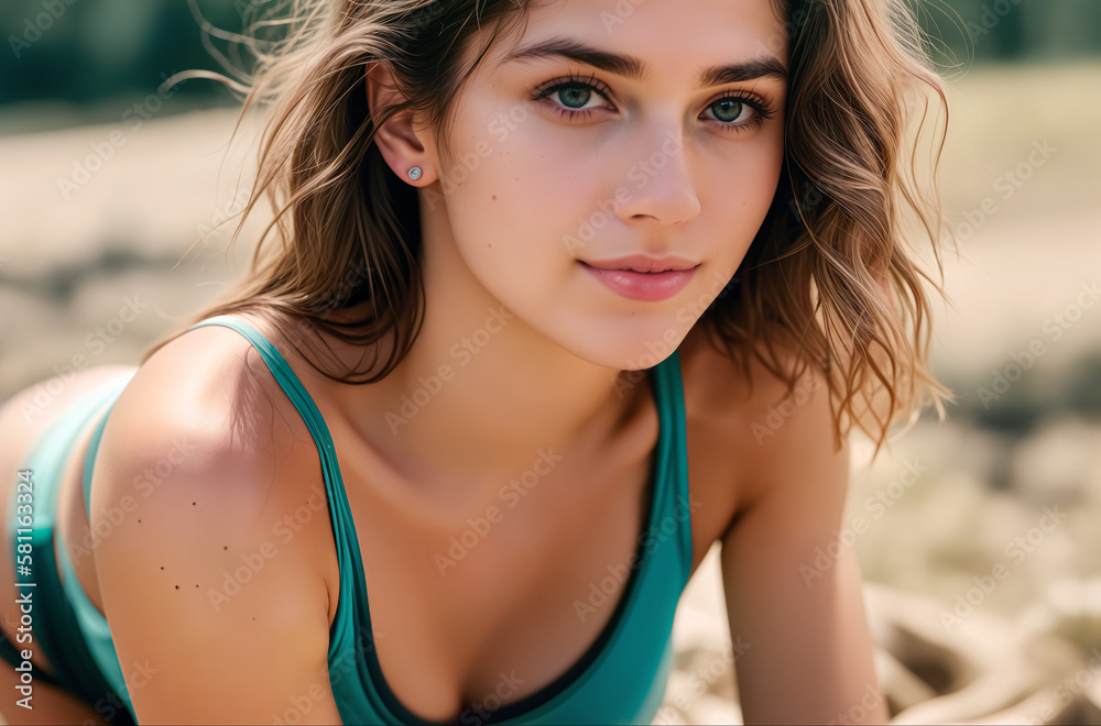 Close-up portrait of pretty cute girl in freckles with messy dark wavy hair  in tank top outdoors. Generative AI. Stock Illustration
