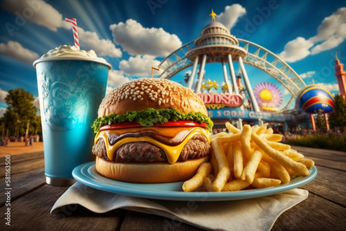 Delicious fast food hamburger, french fries and soda on background of theme park with attractions, Generative Ai
