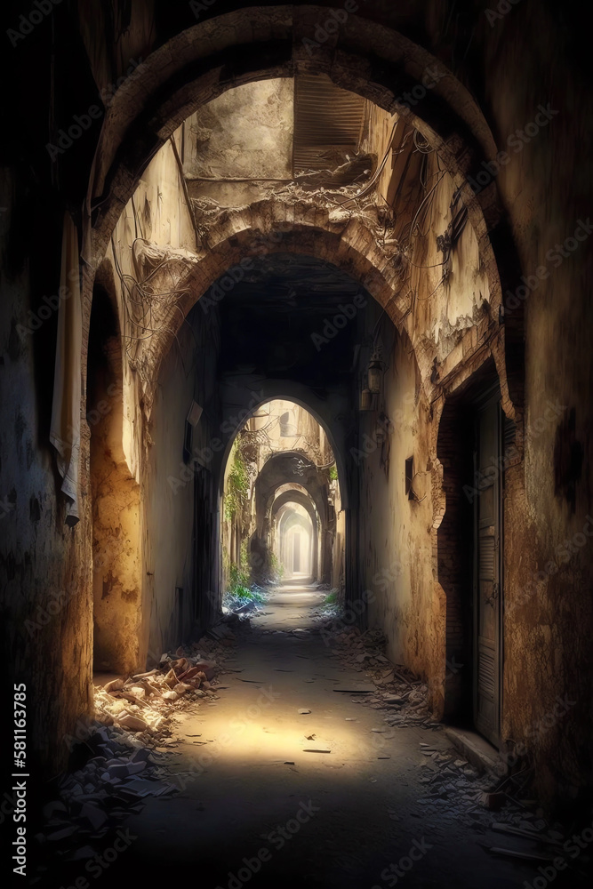 Conceptual illustration of a narrow alley inside an old city. 