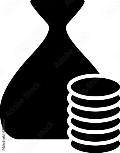 Money Sack or Bag with Stack of Gold Coin Money or Cryptocurrency Stapled Token Symbol Icon. Vector Image.