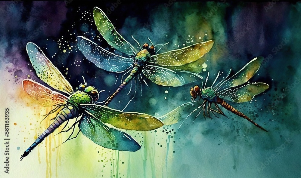 a painting of three dragonflies flying in the air with water droplets ...