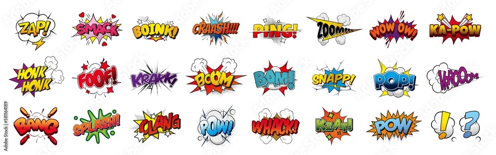 Obraz premium Comic sound effects in pop art style, PNG Cartoon explosions, sound expression and comic speech bubble, set 2