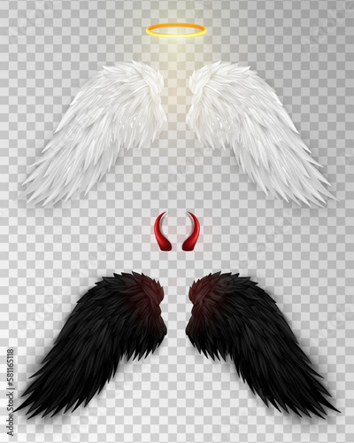 3D white angel wings with golden nimbus, halo and black devil wings with red daemon horns isolated on transparent background. Realistic festival, carnival costume. Fantasy, religion concept.