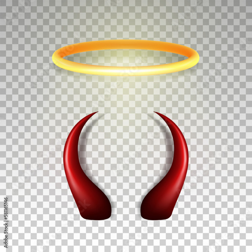 Three dimensional shiny golden nimbus and red devil horns. Glossy daemon horns and halo, angel ring isolated in transparent background. Carnival, masquerade elements. Vector illustration EPS 10