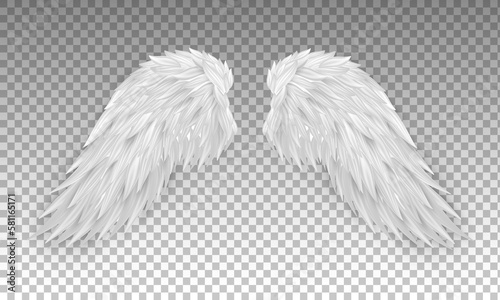 Three dimensional white angel wings. Masquerade, festival, carnival costume. Realistic bird wings isolated on transparent background. Freedom, spiritual concept. Vector illustrator EPS 10