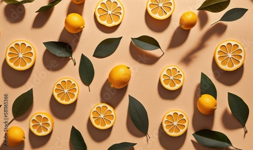  a group of oranges cut in half and placed on top of each other with leaves and leaves around them on a pink surface with a light brown background.  generative ai