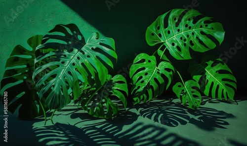  a group of large green leaves on a green surface with a shadow of the leaves on the wall in the background  with a green wall in the background.  generative ai