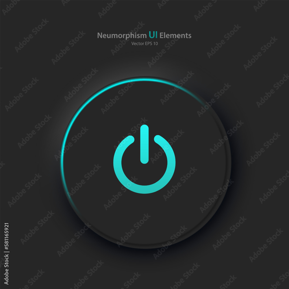A round button with a blue power symbol on a black background. User interface elements in the style of neumorphism, UX. Vector illustration. A round button with a blue power symbol on a black background. User interface elements in the style of neumorphism, UX. Vector illustration.
