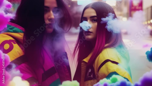 A cute young girl smokes a narcotic substance in puffs of rainbow smoke, created with the help of artificial intelligence. AI generative.