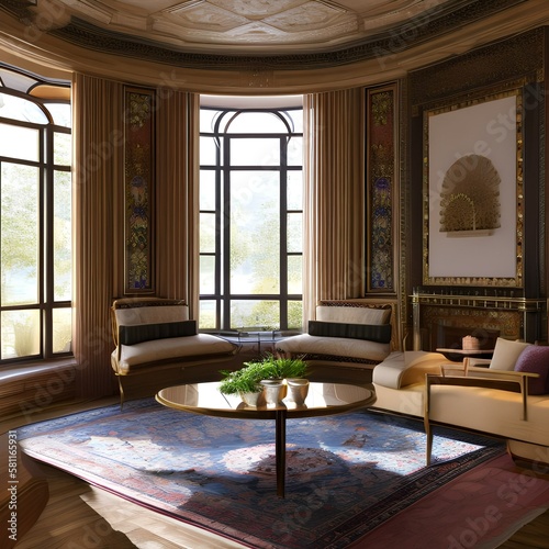 Living room with large Bay window and oriental rug1, Generative AI