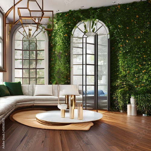 Bright living room with hardwood floors and green plants1, Generative AI photo