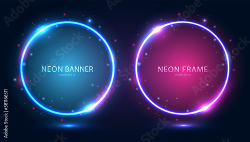 Round neon frames with shining effects and highlights on a dark background. A set of futuristic modern neon glowing banners. Vector illustration.