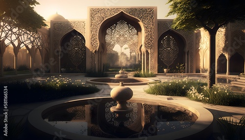 Ornate and peaceful Islamic Persian garden viewed at Golden Hour. Photorealistic illustration. Generated by AI. photo