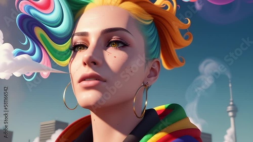 A cute young girl smokes a narcotic substance in puffs of rainbow smoke, created with the help of artificial intelligence. AI generative.