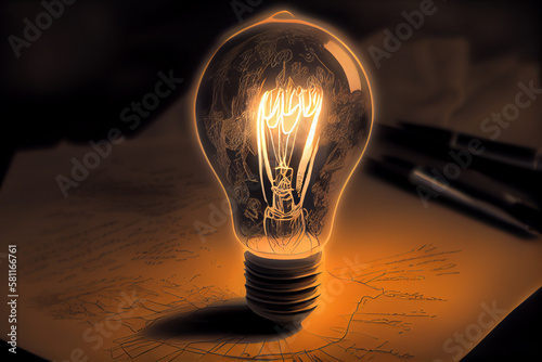 A lit light bulb with dark and blurred background. AI Generated