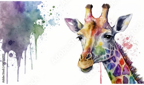  a giraffe is painted with watercolors and has a white background and a splash of paint on the side of the giraffe's head. generative ai