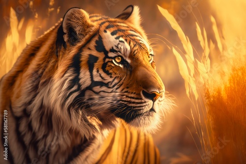 Portrait of a tiger in savanna. Generative AI. © Hanna