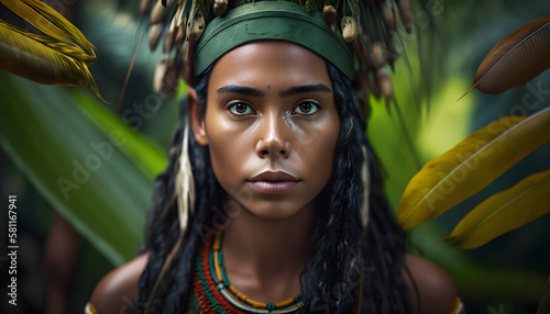 Beautiful Woman of the Amazon, Power and Beauty of the Indigenous Culture of the Amazon photo