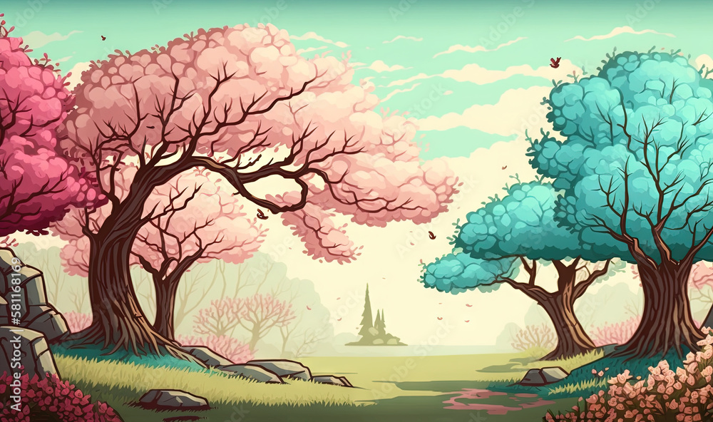 a painting of a landscape with trees and rocks in the foreground and a castle in the distance in the distance with a blue sky. generative ai a painting of a landscape with trees and rocks in the foreground and a castle in the distance in the distance with a blue sky. generative ai