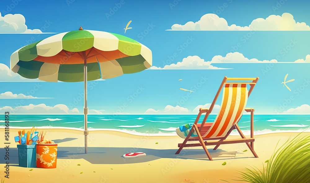  a painting of a beach scene with a chair and umbrella on the sand and the ocean in the background with a blue sky and white clouds.  generative ai