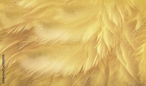  a close up of a yellow background with a lot of feathers on it s side and a blurry image of the back of the background.  generative ai