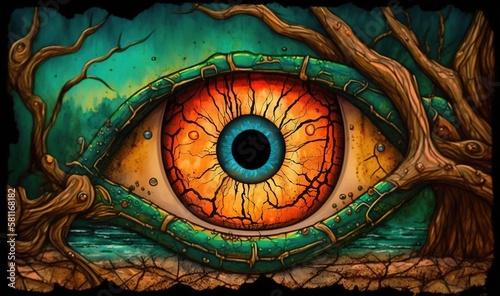  a painting of an eye with a tree and water in the middle of the eye, with a black circle in the center of the eye. generative ai