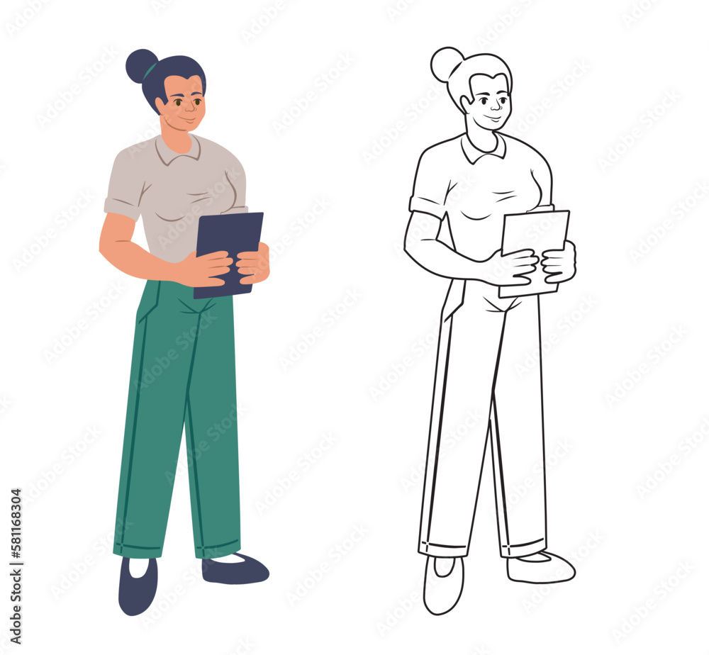 Woman holding tablet PC. Flat character of happy employee. Business woman. vector illustration isolated on white background. Woman holding tablet PC. Flat character of happy employee. Business woman. vector illustration isolated on white background.
