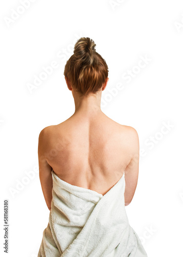 woman from back in towel on white background, massage session
