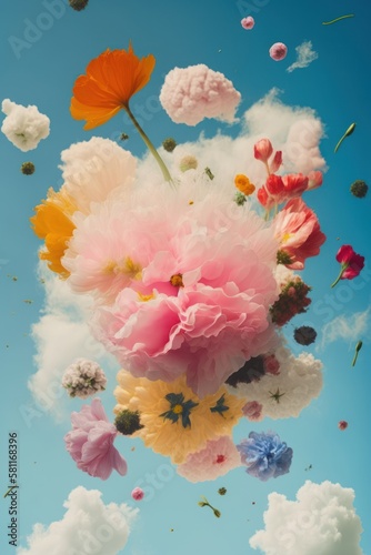 Spring abstract background of fresh colorful meadow flowers in the air. On clear blue sky, plant nature concept. Flower explosion. Generative AI.