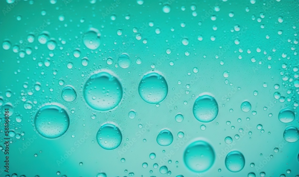  a close up of water droplets on a blue surface with a light green back ground and a blue sky in the back ground with a few clouds.  generative ai