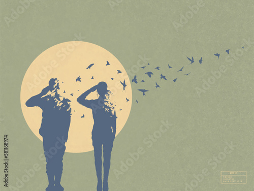 Dying soldiers silhouettes. Death, afterlife. Flock of flying birds