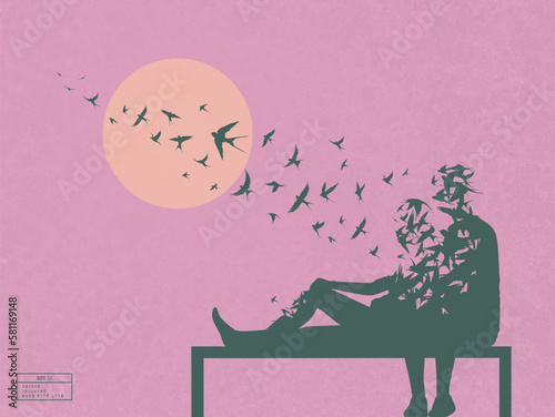 Silhouette of loving couple on bench. Death, afterlife. Flying birds