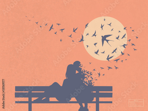 Silhouette of loving couple on bench. Death, afterlife. Flying birds